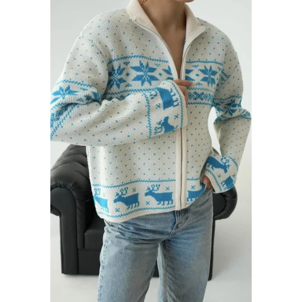 Fermuarlı Yılbaşı Hırkası  KremTurkuaz