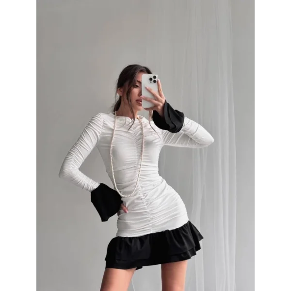 Fırfır Detaylı Drapeli Mini Elbise