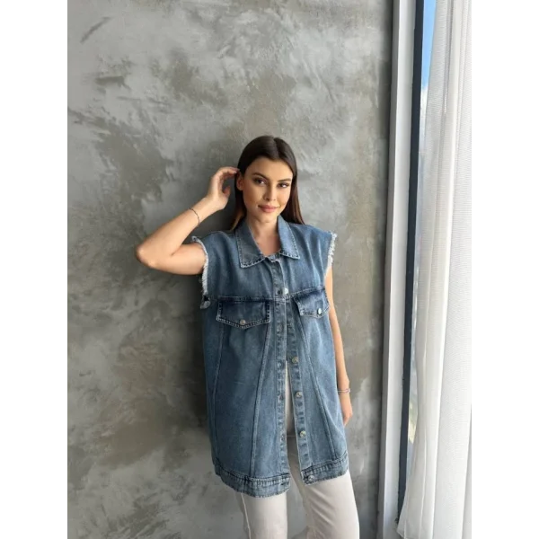 Fırfır Detaylı Kot Yelek