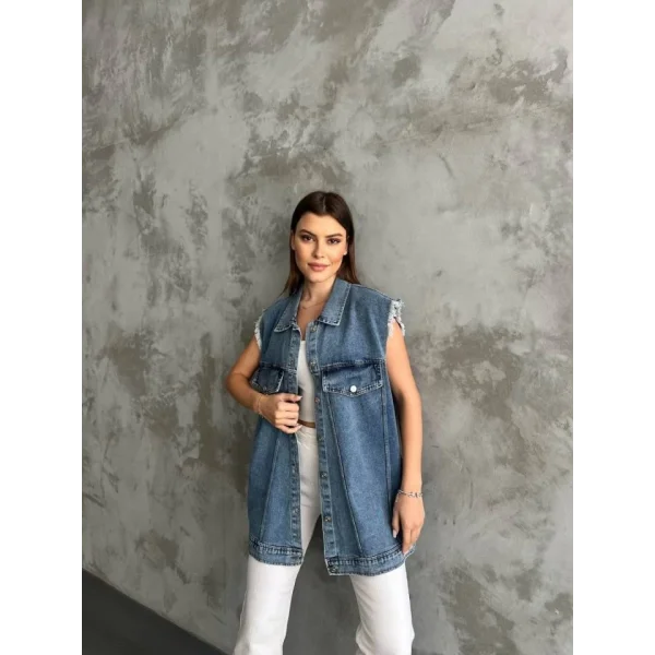 Fırfır Detaylı Kot Yelek