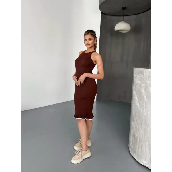 Fırfır Detaylı Triko Elbise- Kahverengi