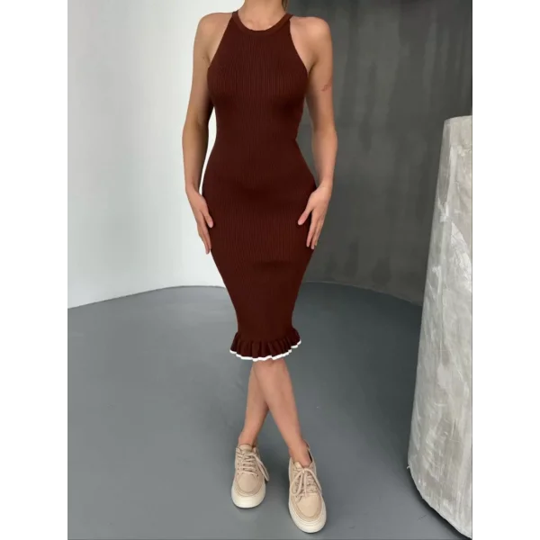 Fırfır Detaylı Triko Elbise- Kahverengi