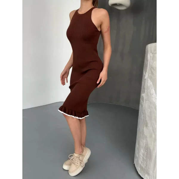 Fırfır Detaylı Triko Elbise- Kahverengi