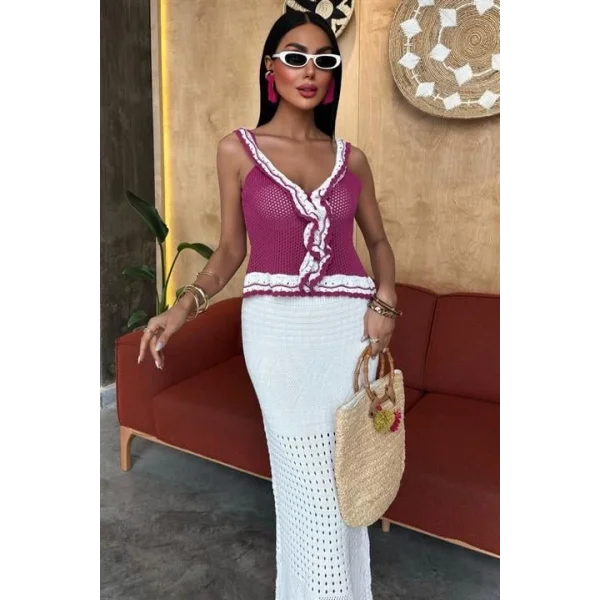 Fırfır Detaylı Uzun Etekli Triko Takım 10115