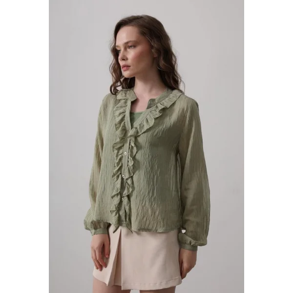 Fırfır Transparan Gömlek - Haki