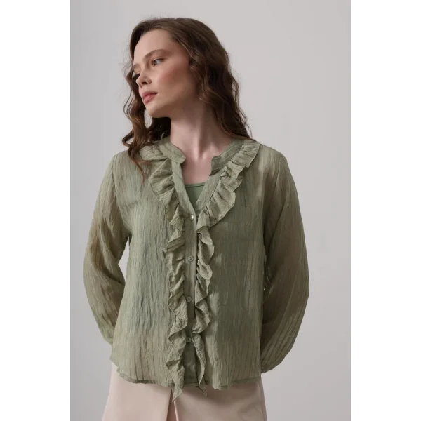Fırfır Transparan Gömlek - Haki