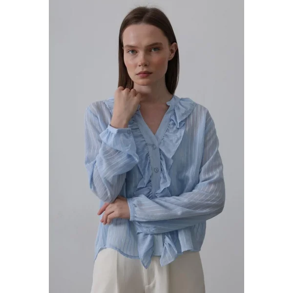 Fırfır Transparan Gömlek - Mavi