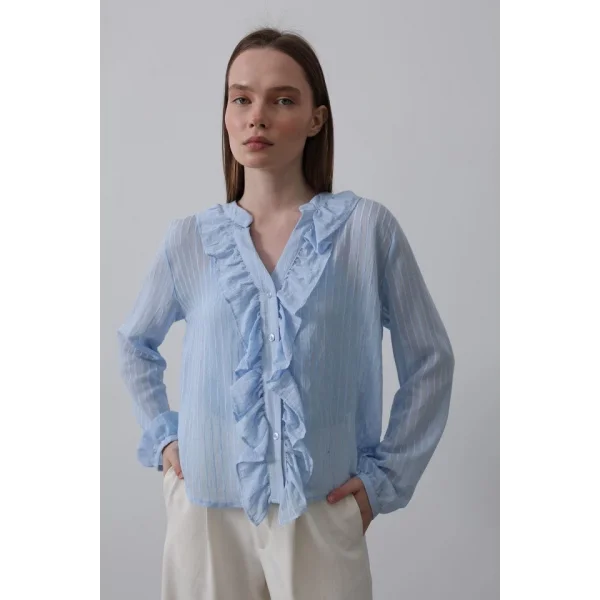 Fırfır Transparan Gömlek - Mavi