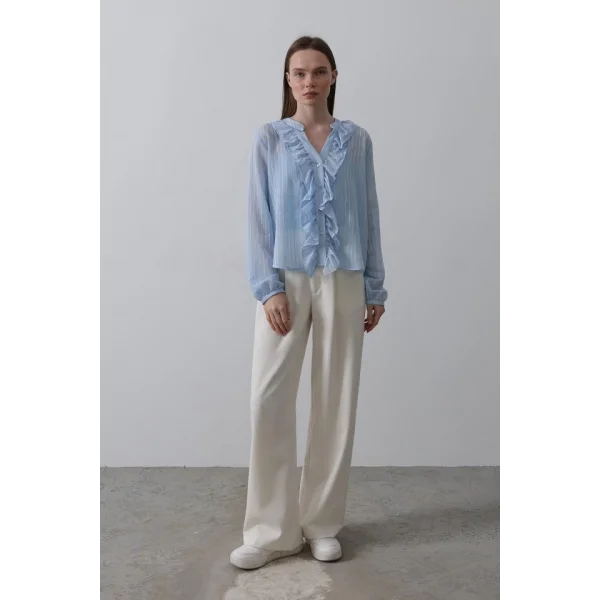 Fırfır Transparan Gömlek - Mavi