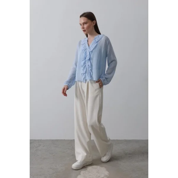 Fırfır Transparan Gömlek - Mavi