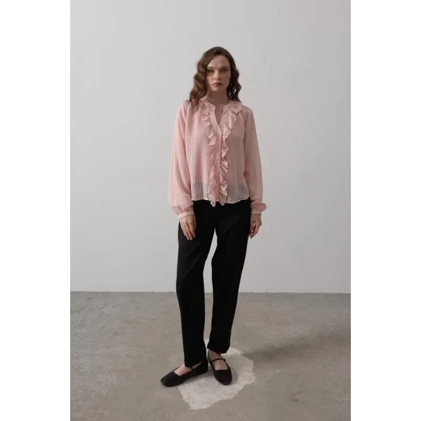 Fırfır Transparan Gömlek - Pudra