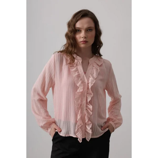 Fırfır Transparan Gömlek - Pudra
