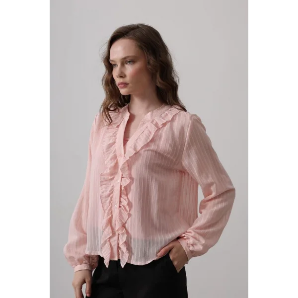 Fırfır Transparan Gömlek - Pudra
