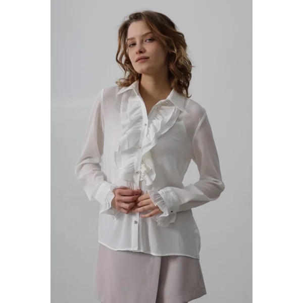 Fırfır Yakalı Şifon Gömlek - Beyaz