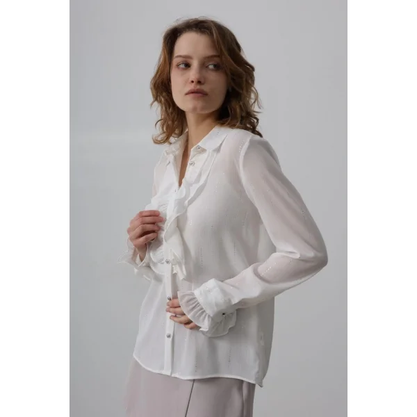 Fırfır Yakalı Şifon Gömlek - Beyaz