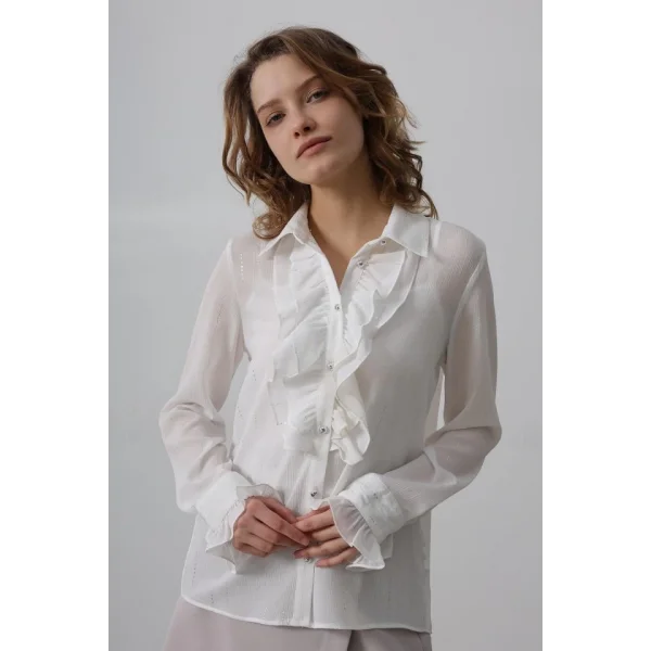 Fırfır Yakalı Şifon Gömlek - Beyaz