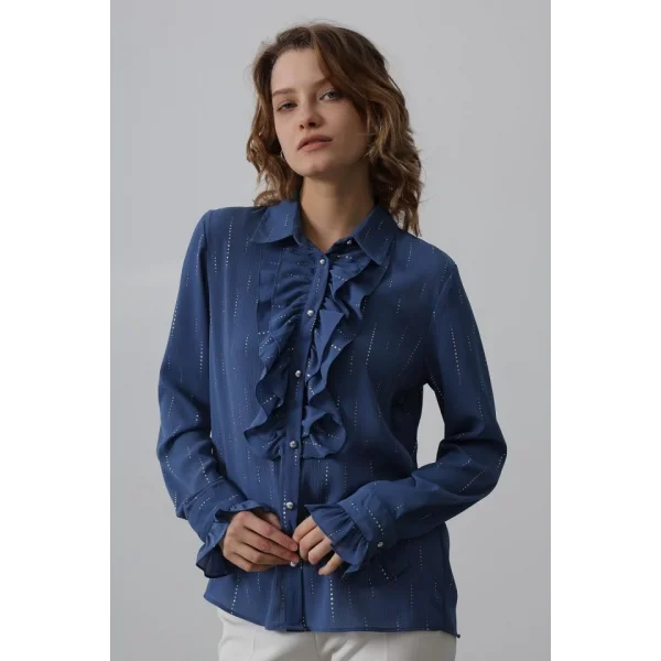 Fırfır Yakalı Şifon Gömlek - Mavi