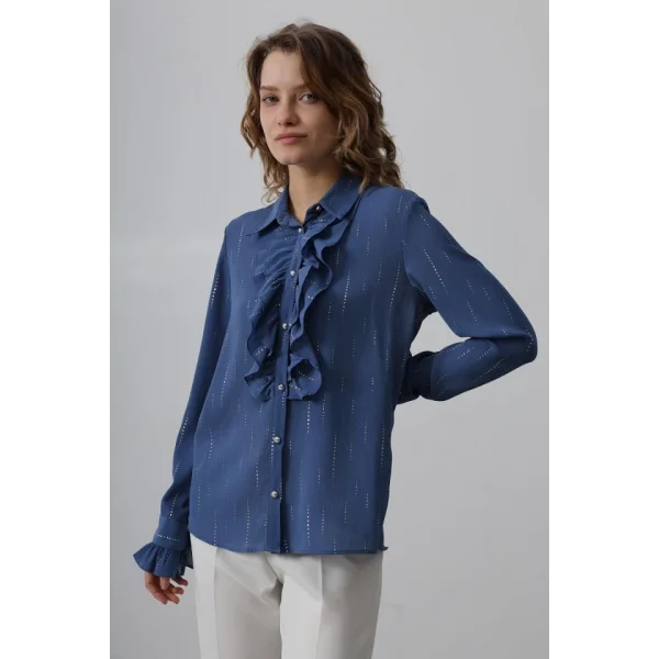 Fırfır Yakalı Şifon Gömlek - Mavi