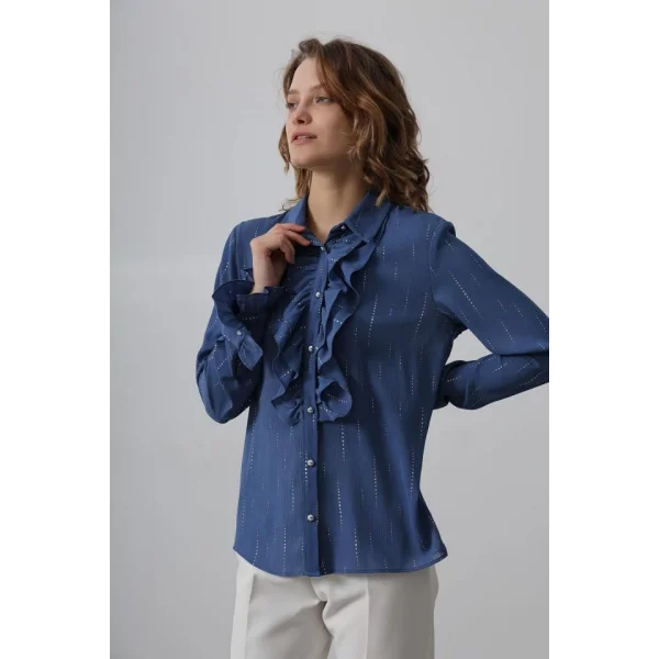 Fırfır Yakalı Şifon Gömlek - Mavi