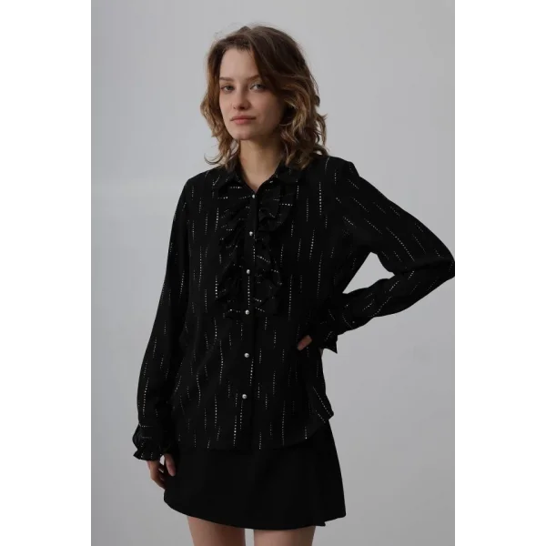 Fırfır Yakalı Şifon Gömlek - Siyah