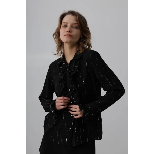 Fırfır Yakalı Şifon Gömlek - Siyah