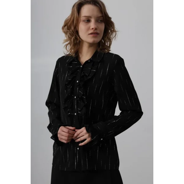 Fırfır Yakalı Şifon Gömlek - Siyah
