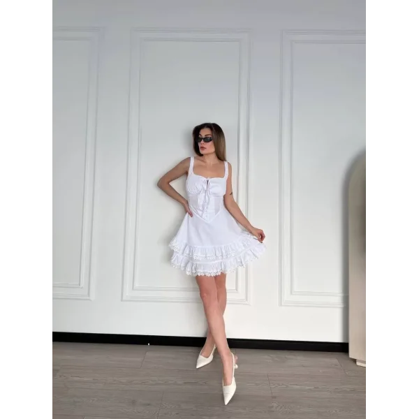 Fırfırlı Askılı Mini Elbise - Beyaz