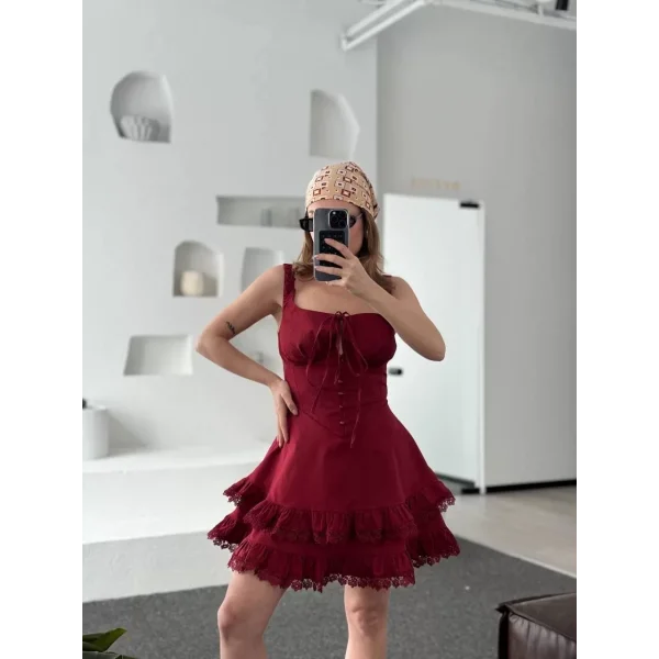 Fırfırlı Askılı Mini Elbise - Bordo