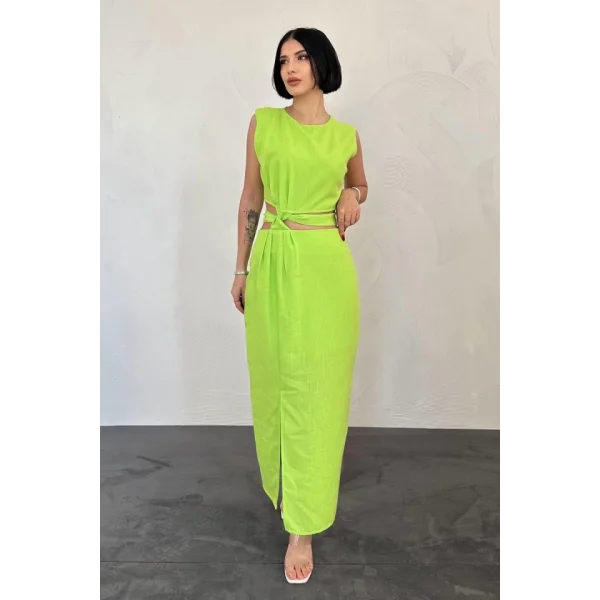 Fıstık Yeşili Kuşaklı Crop Ve Etek Takım