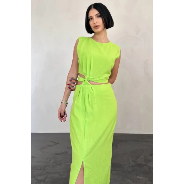 Fıstık Yeşili Kuşaklı Crop Ve Etek Takım