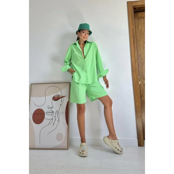 Fıstık Yeşili Önü Cepli Gömlek Ve Şort Takım