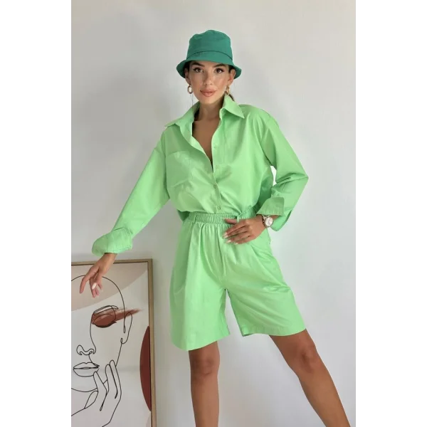 Fıstık Yeşili Önü Cepli Gömlek Ve Şort Takım