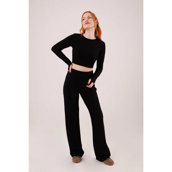 Fitilli Bluz Ve Pantolon iyah İkili Takım