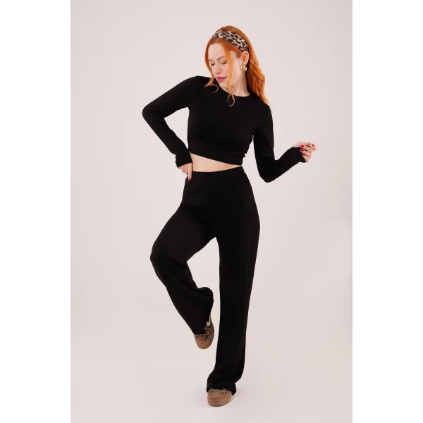 Fitilli Bluz Ve Pantolon iyah İkili Takım