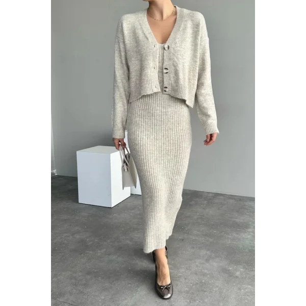 Fitilli Elbise Hırkalı Takım  Açık Bej