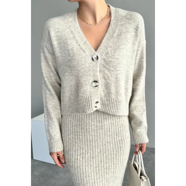 Fitilli Elbise Hırkalı Takım  Açık Bej