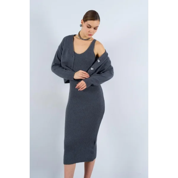 Fitilli Elbise Hırkalı Takım  Füme