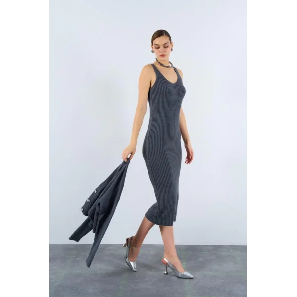 Fitilli Elbise Hırkalı Takım  Füme