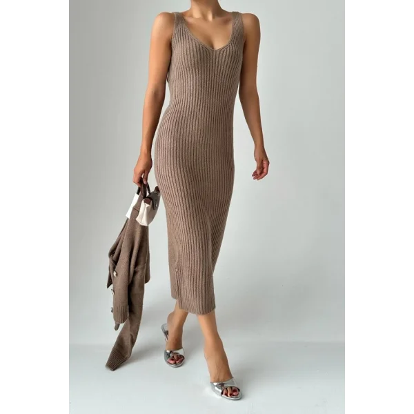 Fitilli Elbise Hırkalı Takım  Koyu Vizon