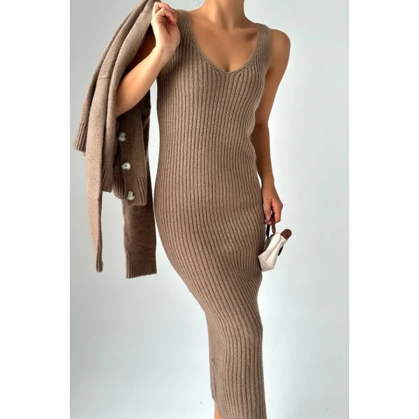 Fitilli Elbise Hırkalı Takım  Koyu Vizon