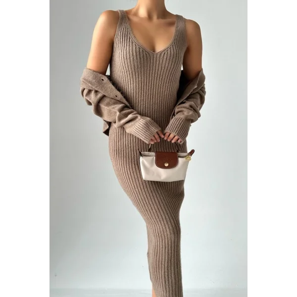 Fitilli Elbise Hırkalı Takım  Koyu Vizon