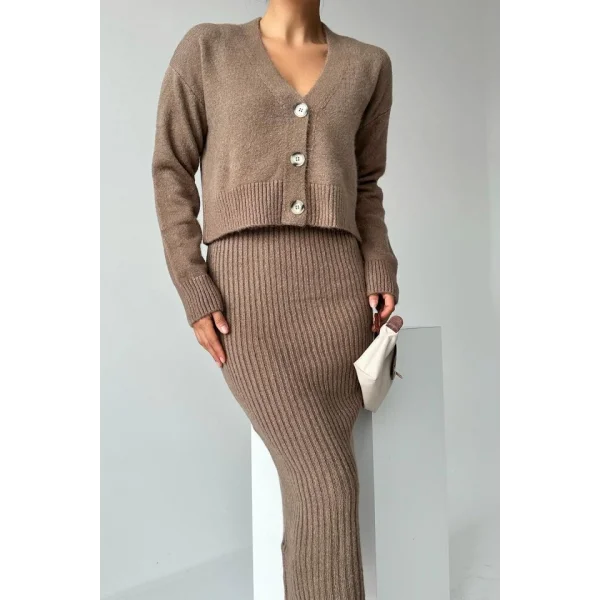 Fitilli Elbise Hırkalı Takım  Koyu Vizon