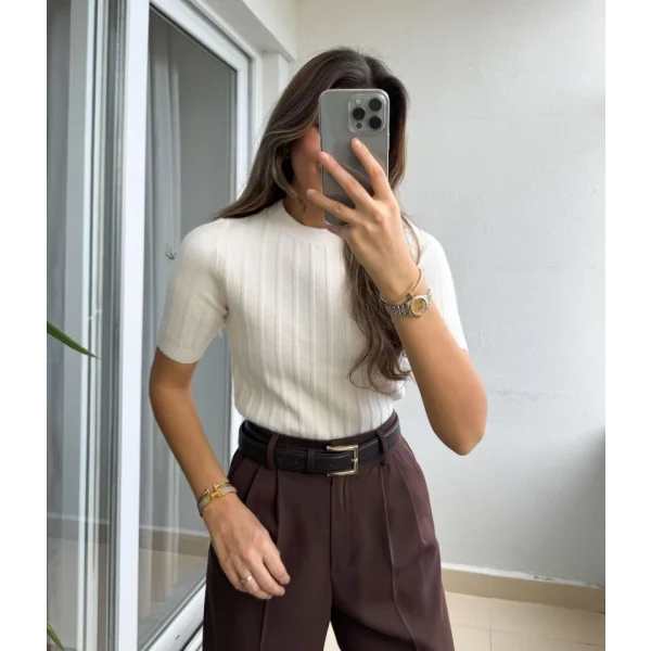 Fitilli Kısa Kol Kazak - Krem