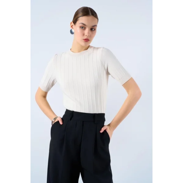 Fitilli Kısa Kol Kazak - Krem