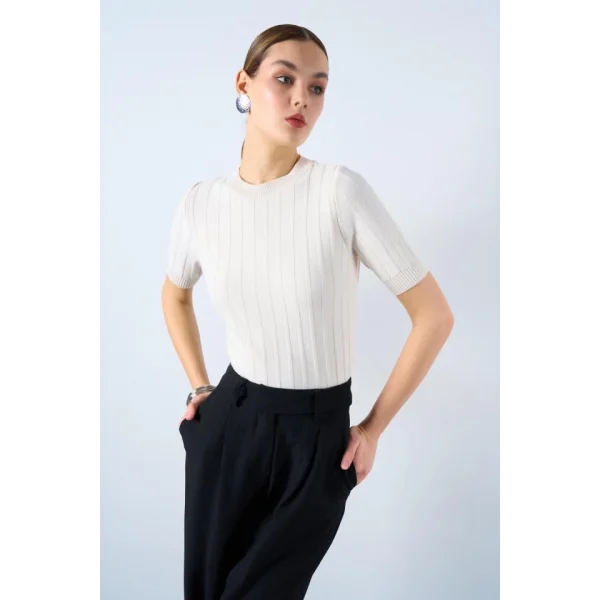 Fitilli Kısa Kol Kazak - Krem