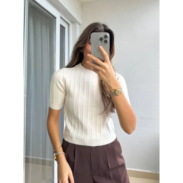 Fitilli Kısa Kol Kazak - Krem