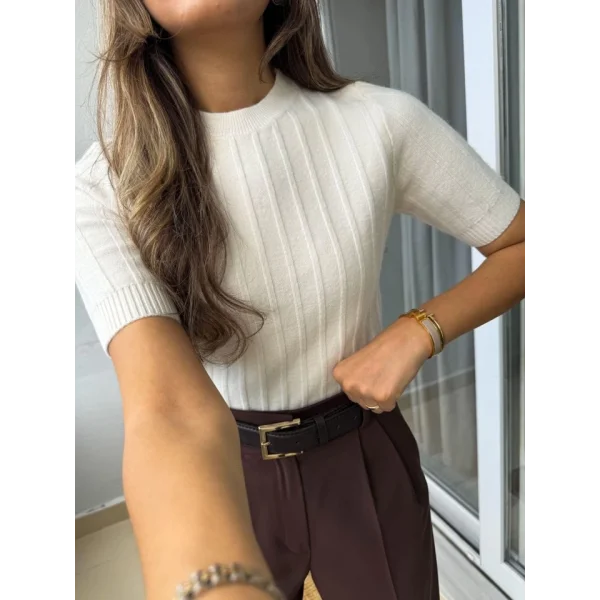 Fitilli Kısa Kol Kazak - Krem