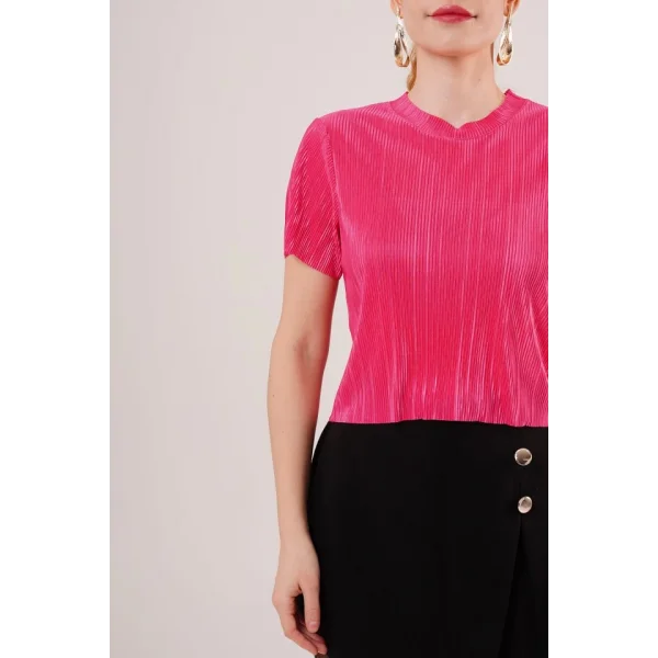 Fitilli Kısa Kollu Parlak Fuşya Bluz