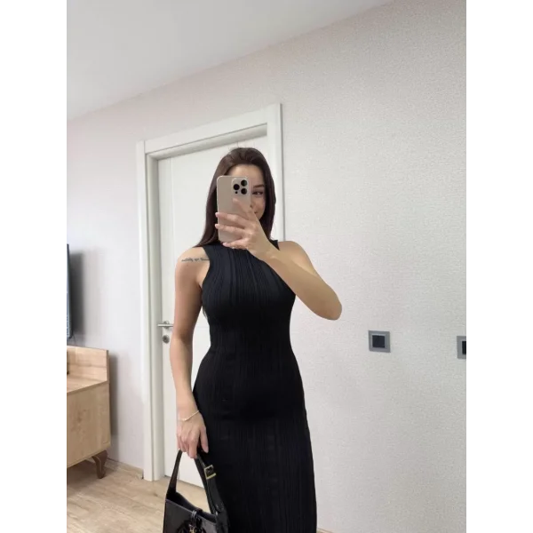 Fitilli Triko Elbise Kolsuz Sırtı Kapalı Maxi Uzun Boy - Siyah