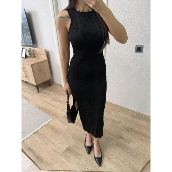 Fitilli Triko Elbise Kolsuz Sırtı Kapalı Maxi Uzun Boy - Siyah